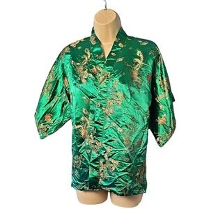 Emerald Green Kimono Robe Dragon Phoenix Embroidered Oriental Asian Style